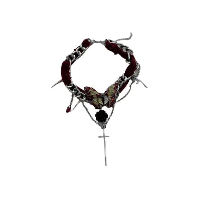 Crimson Cross Choker | Gothic-Nocturne Doctrine, Butterfly-Delicate Wings, Y2K-Cyber Cutie, Sparkle-Crystal Kiss Style