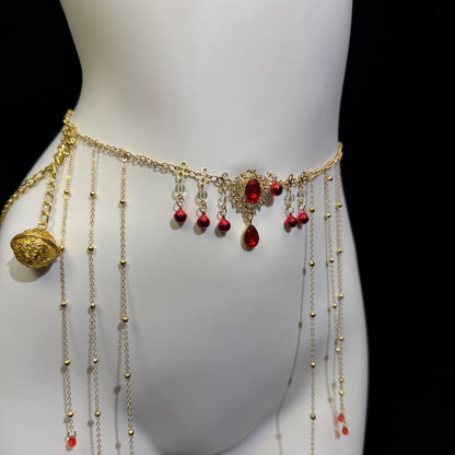 Rhinestone Body & Waist Chain Set with Ruby-Style Nipple Clamps