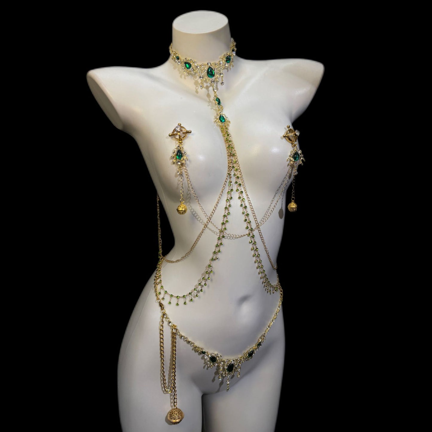 Rhinestone Waist Chain with Green Gem-Style Accents