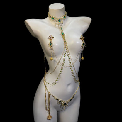 Rhinestone Waist Chain with Green Gem-Style Accents