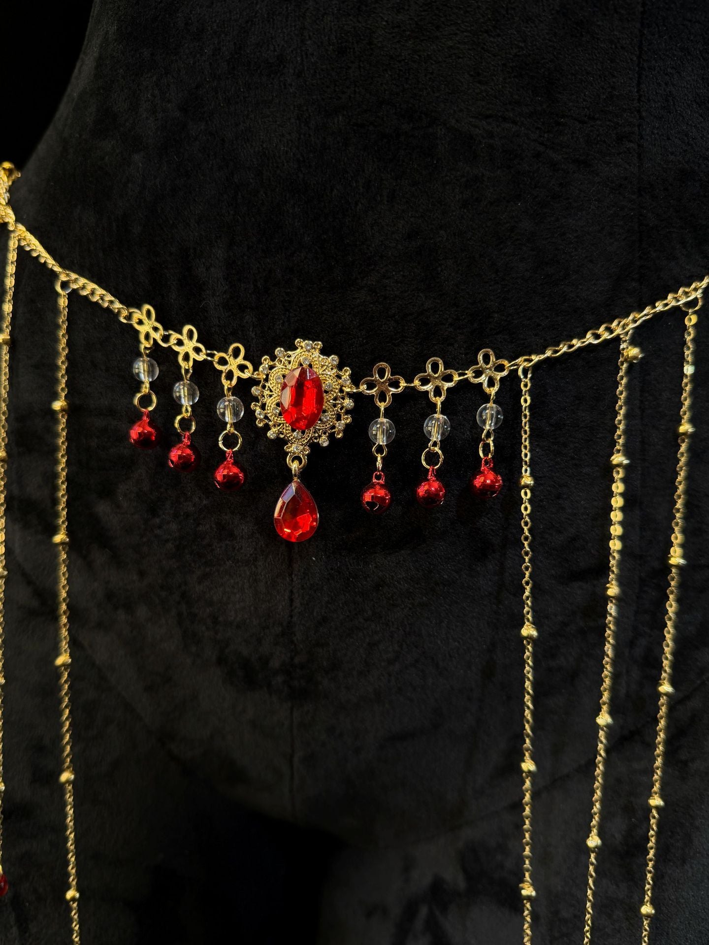 Rhinestone Body & Waist Chain Set with Ruby-Style Nipple Clamps