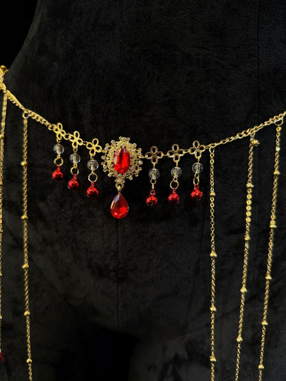 Rhinestone Body & Waist Chain Set with Ruby-Style Nipple Clamps
