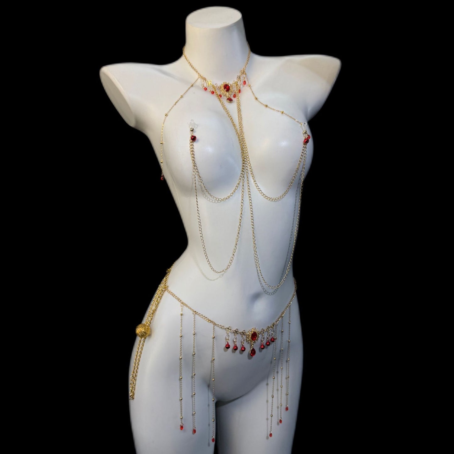 Rhinestone Body & Waist Chain Set with Ruby-Style Nipple Clamps
