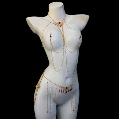 Rhinestone Body & Waist Chain Set with Ruby-Style Nipple Clamps