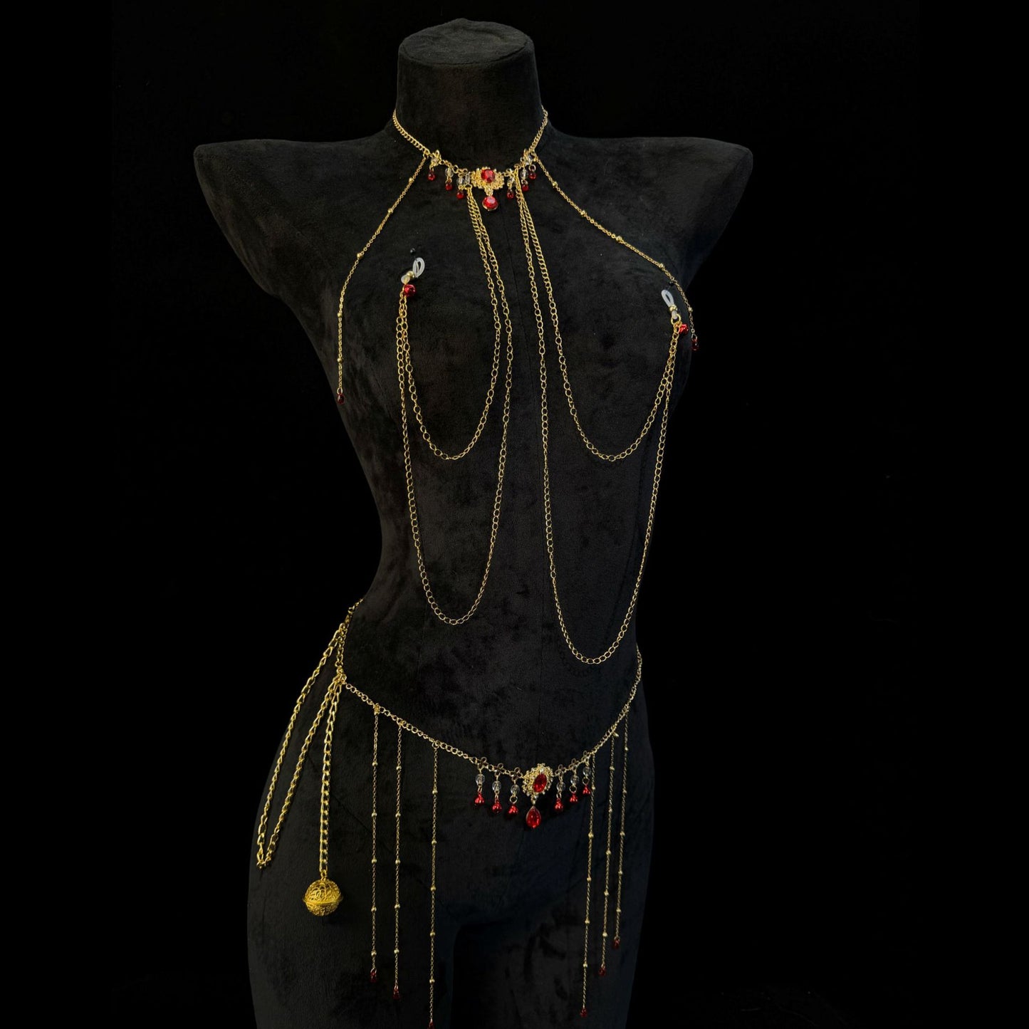 Rhinestone Body & Waist Chain Set with Ruby-Style Nipple Clamps