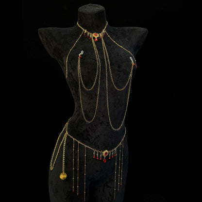 Rhinestone Body & Waist Chain Set with Ruby-Style Nipple Clamps