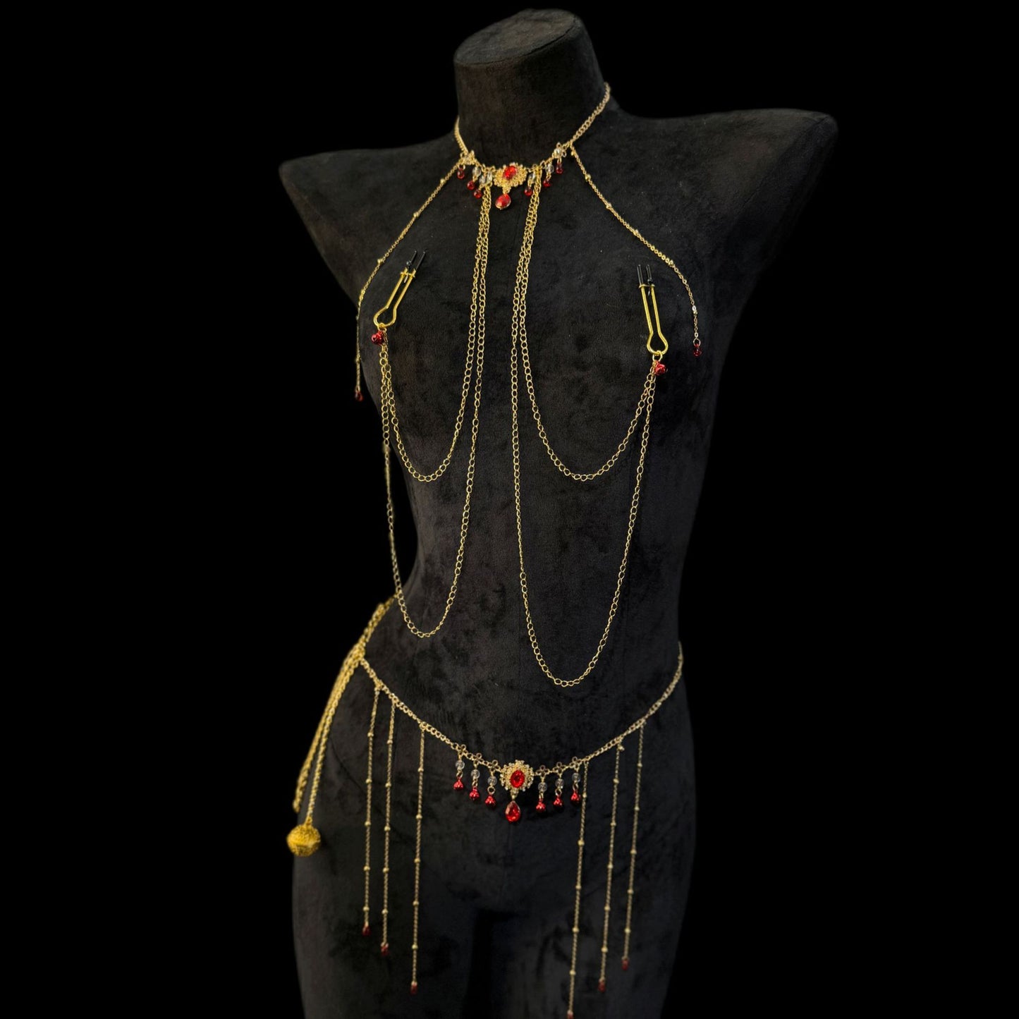 Rhinestone Body & Waist Chain Set with Ruby-Style Nipple Clamps