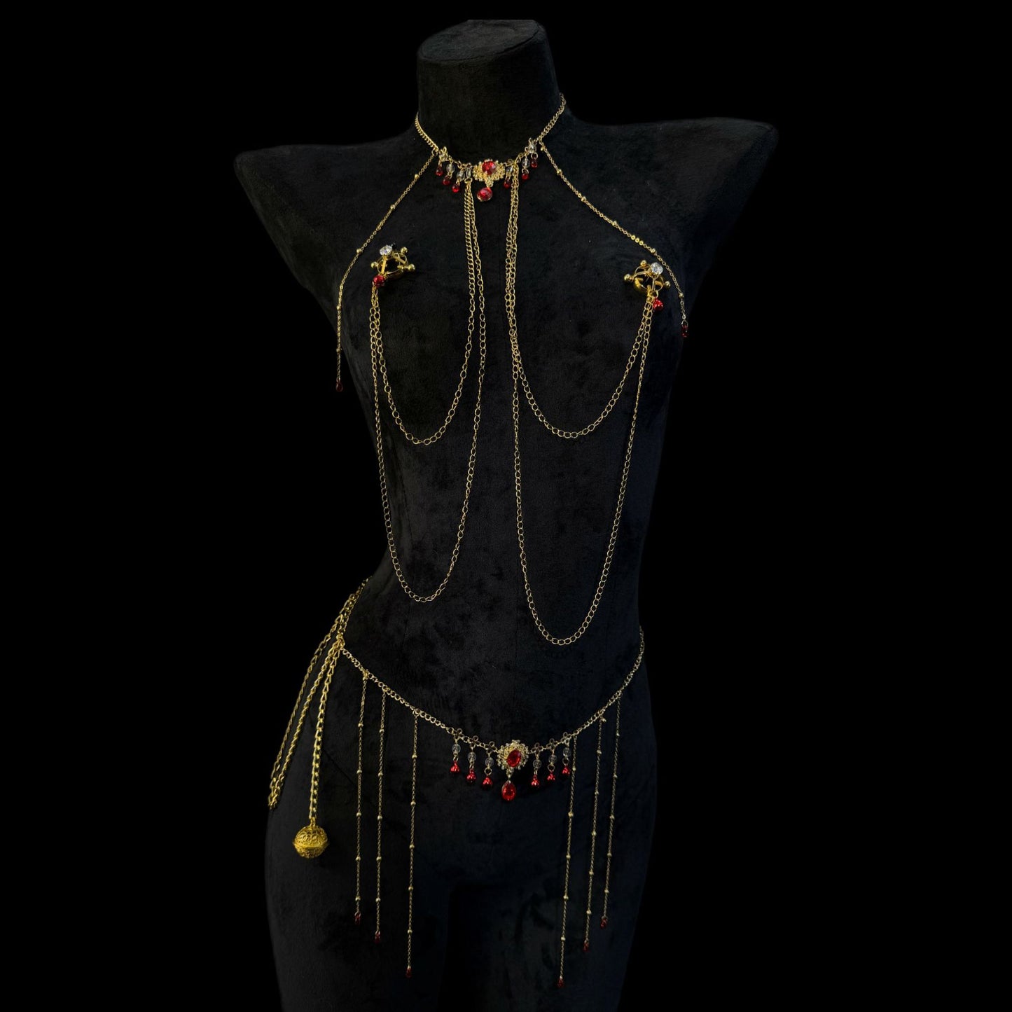 Rhinestone Body & Waist Chain Set with Ruby-Style Nipple Clamps