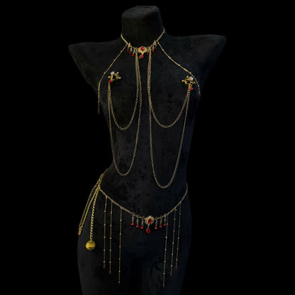 Rhinestone Body & Waist Chain Set with Ruby-Style Nipple Clamps