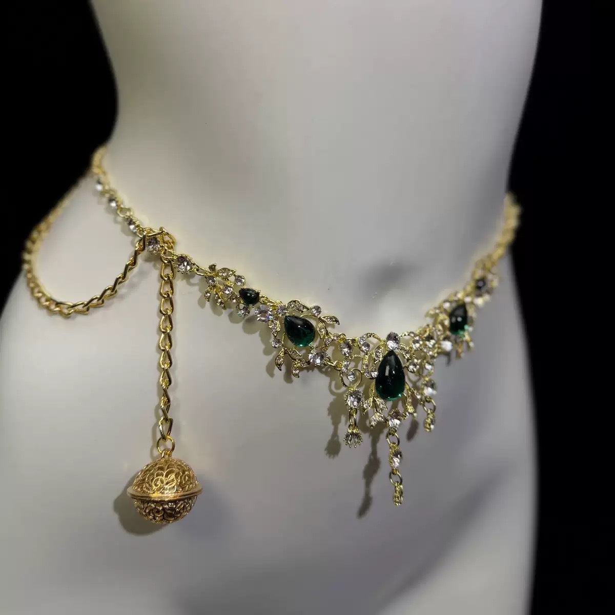 Rhinestone Waist Chain with Green Gem-Style Accents