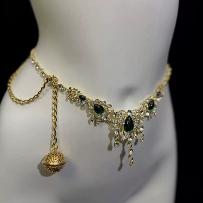 Rhinestone Waist Chain with Green Gem-Style Accents