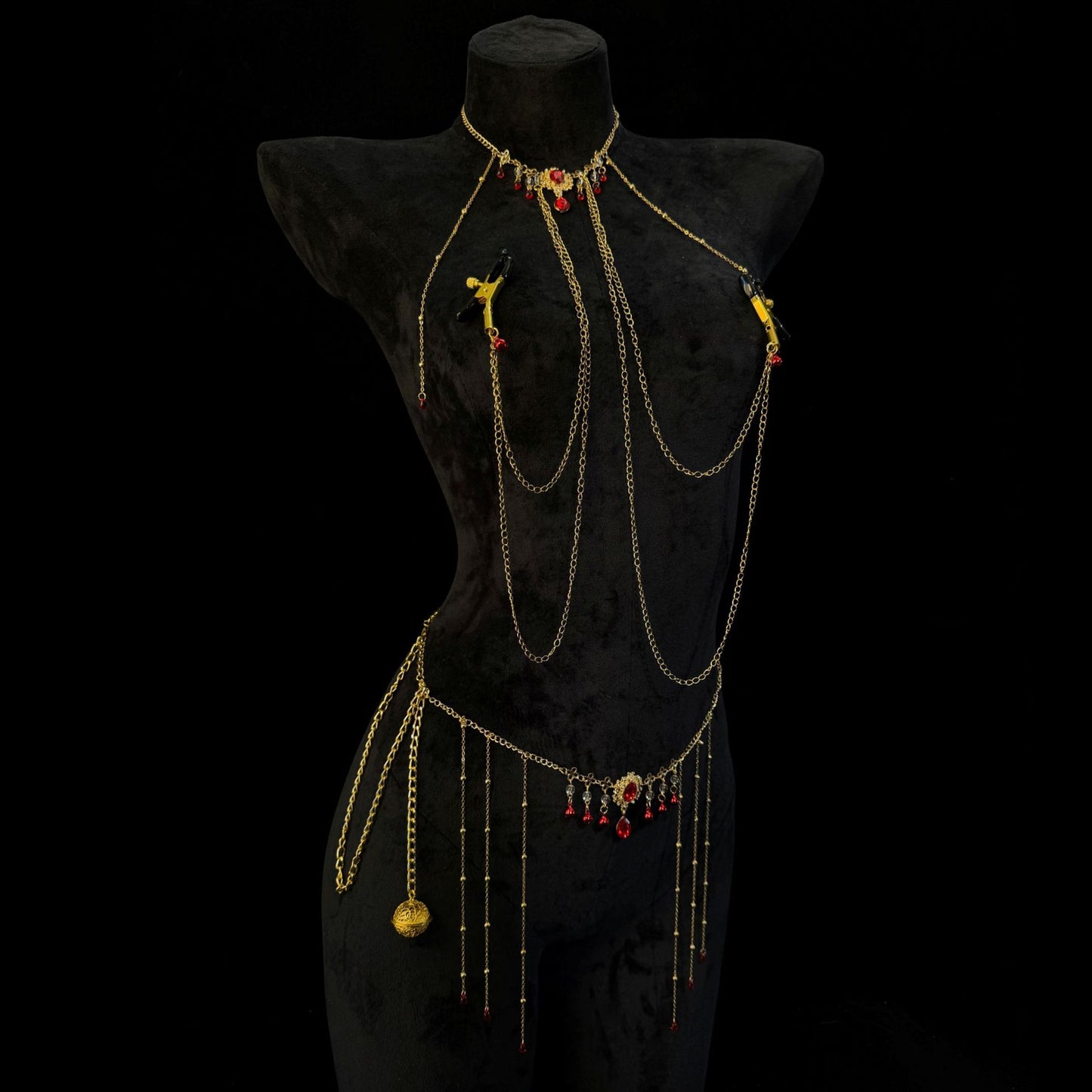 Rhinestone Body & Waist Chain Set with Ruby-Style Nipple Clamps