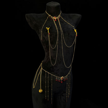 Rhinestone Body & Waist Chain Set with Ruby-Style Nipple Clamps