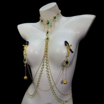 Rhinestone Waist Chain with Green Gem-Style Accents
