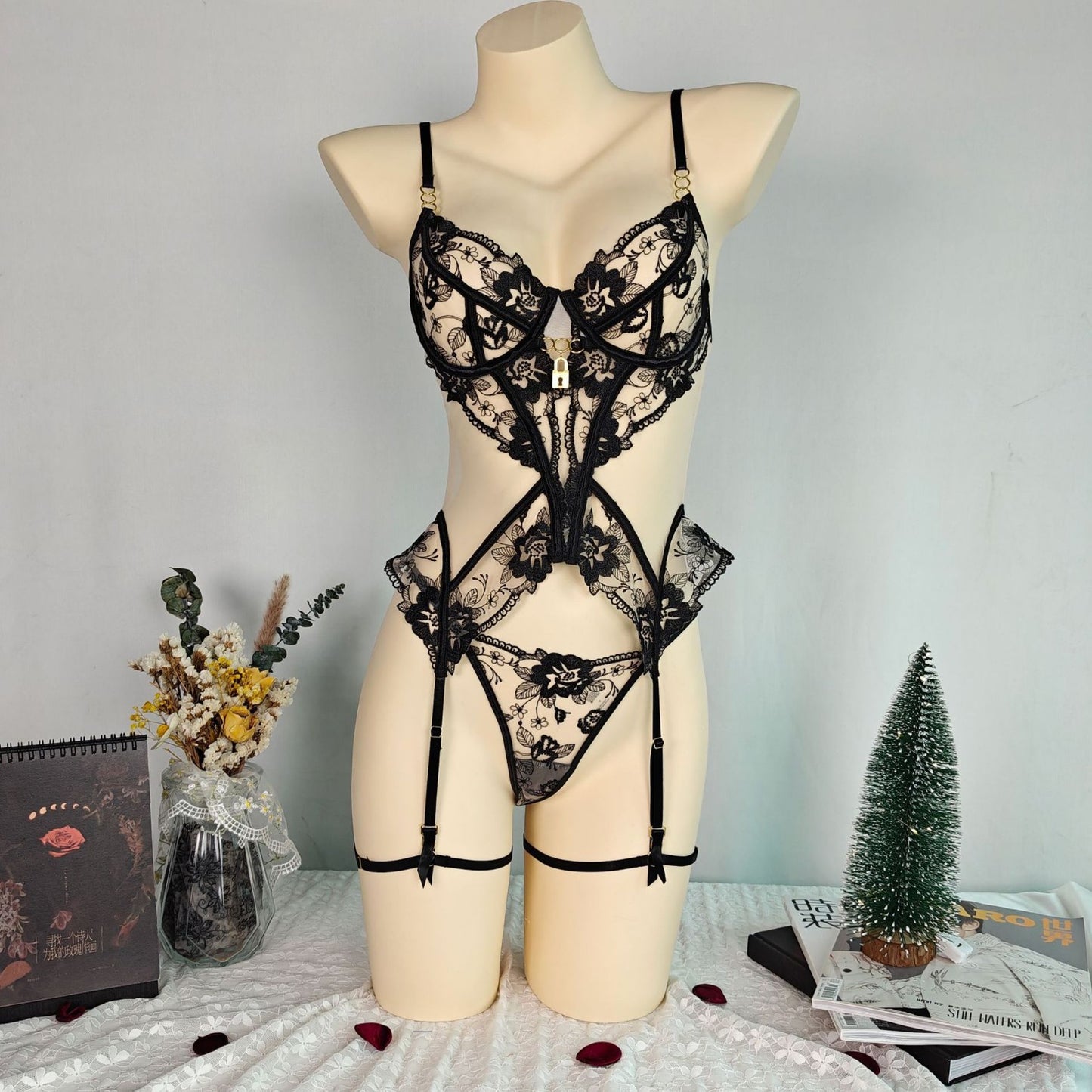 Black Embroidered Mesh Corset Lingerie Set with Garter & Slip Dress