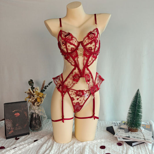 Black Embroidered Mesh Corset Lingerie Set with Garter & Slip Dress