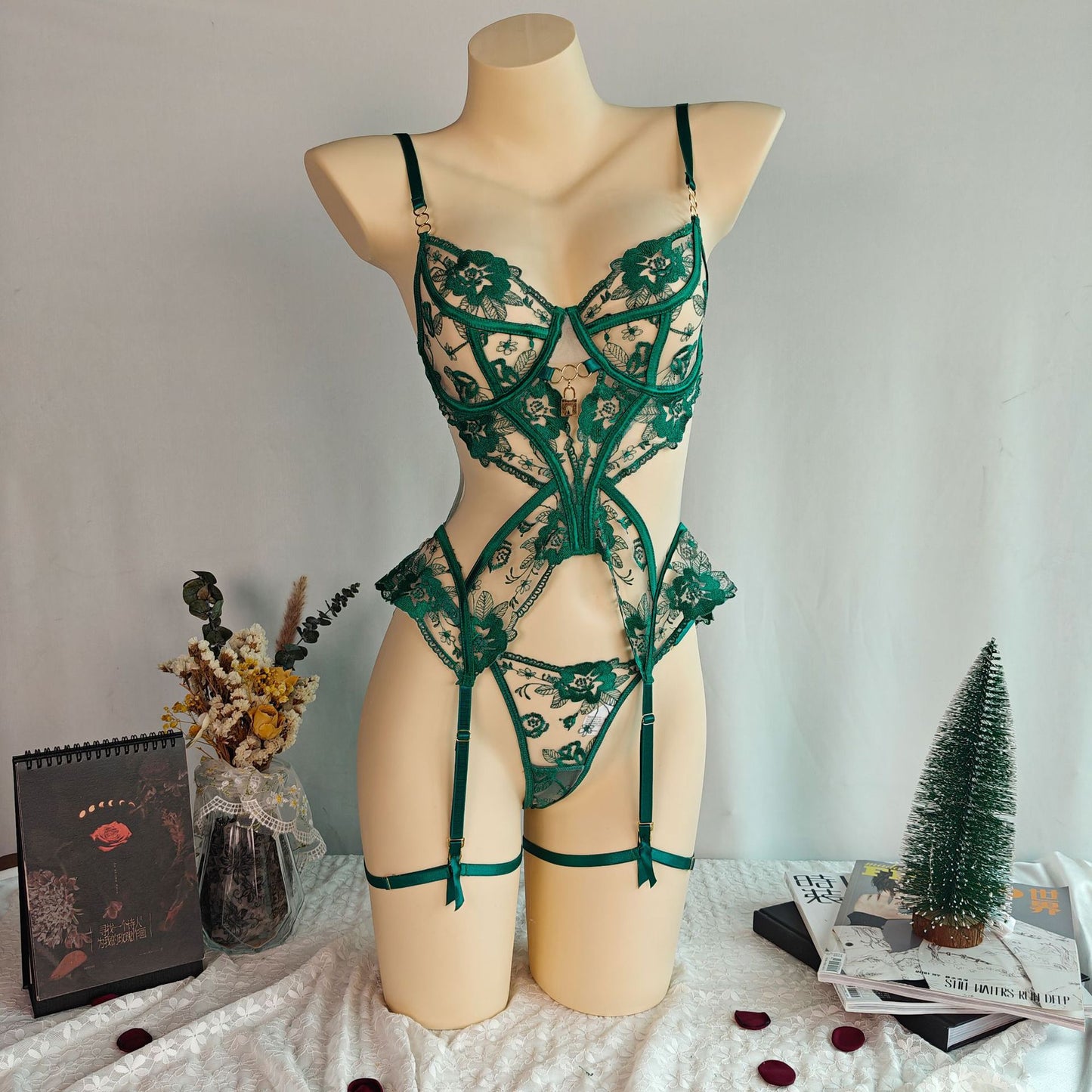 Black Embroidered Mesh Corset Lingerie Set with Garter & Slip Dress
